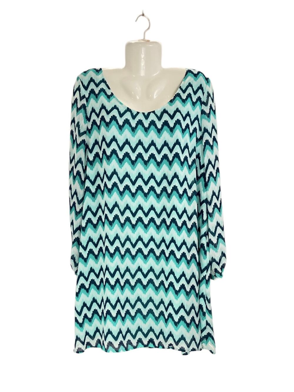 Tacera Women's Teal/Navy/White Chevron Pattern Chiffon Tunic Dress Lined SZ XL